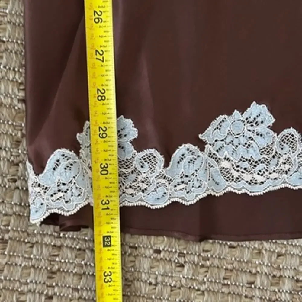 Vintage Silk Lace Trim Negligee Chemise Brown Powder Blue Small - Picture 8 of 8